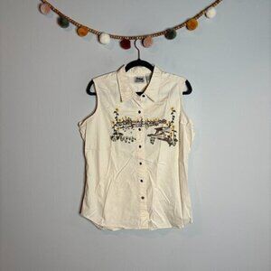 Vintage sunflower embroidered button down tank top